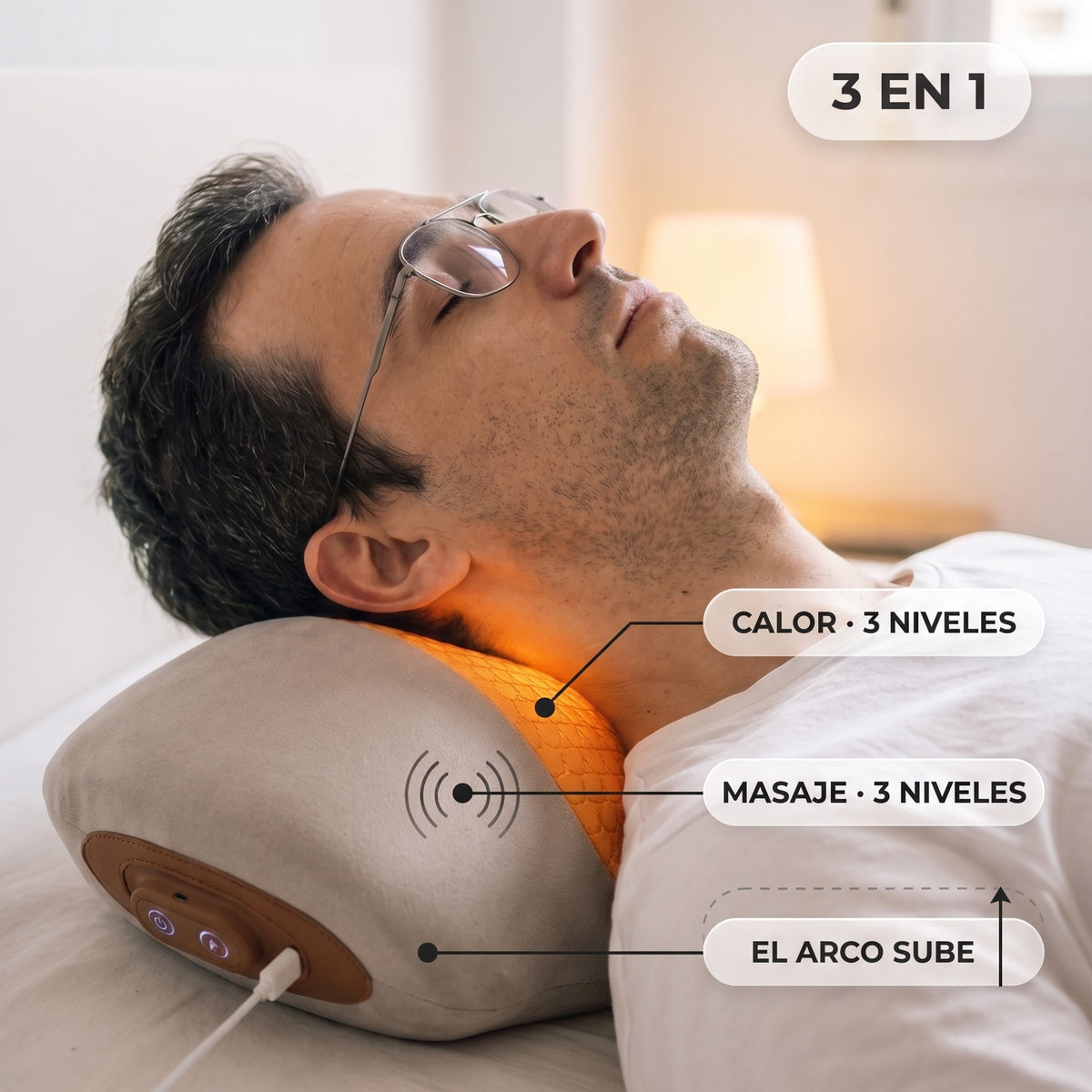 3 en 1: calor, masaje por vibración y elevación del arco